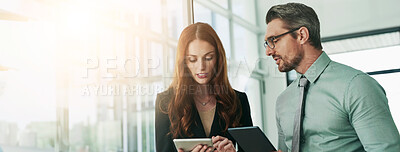 Buy stock photo Business people, banner and meeting with tablet for corporate discussion, project or online report at office. Businessman, woman or employees working with technology for company strategy at workplace