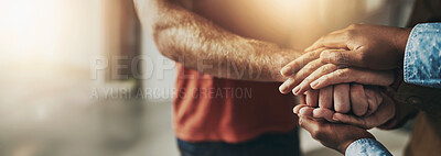 Buy stock photo Hands together, people and solidarity with support, teamwork and growth with friends. Closeup, touching palms and group with unity, cooperation and collaboration with partnership for volunteering
