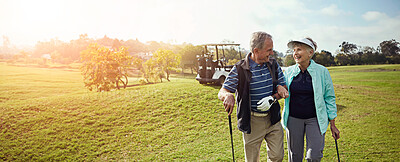 Buy stock photo Golf, outdoor and senior couple on course for sports at country club together for leisure activity. Lensflare, happy and elderly man and woman people playing game in retirement for bonding in nature.