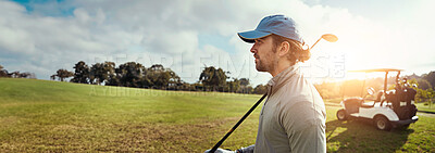 Buy stock photo Golf, thinking and man on outdoor course with cart, gear and driver with workout and training from sport. Fitness, banner and competition of athlete, professional and game with exercise and golfer