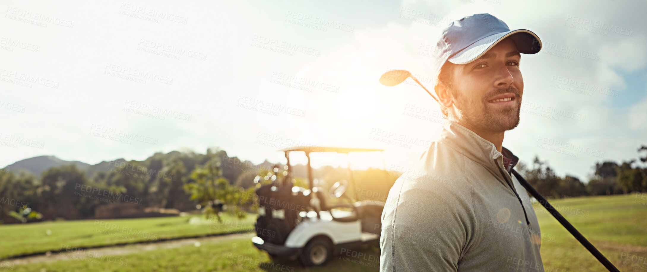 Buy stock photo Golf, portrait and man on course with cart, equipment and driver with confidence and smile from sport, Fitness, grass and banner with athlete, professional and game outdoor with mockup and golfer