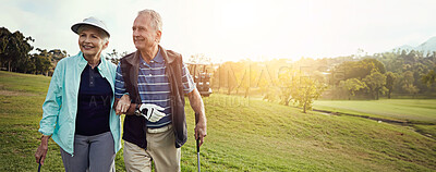 Buy stock photo Golf, outdoor and senior couple with hug on field together for leisure, hobby or sports activity. Grass, happy and elderly man and woman embrace and playing game on course for bonding at country club