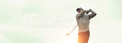 Buy stock photo Man, sports and playing golf for swing, fitness and training with recreation, exercise and mockup space. Male person, golfer and strike club on outdoor course for banner, workout or practice with sky