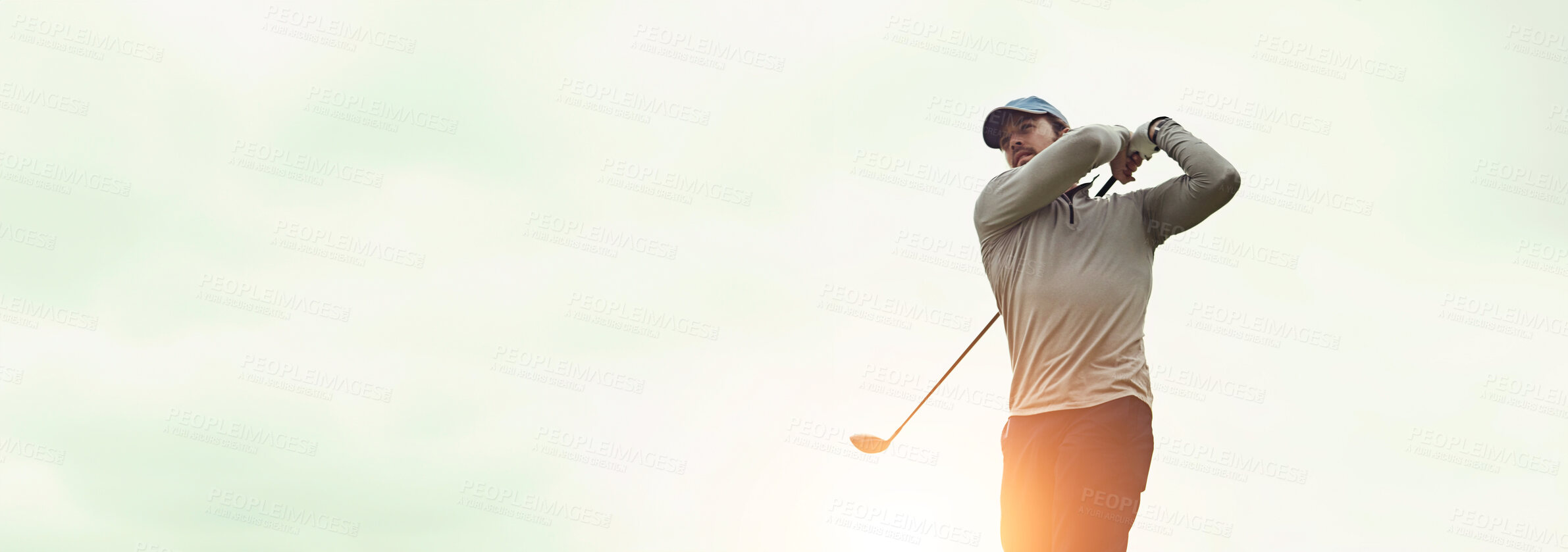 Buy stock photo Man, sports and playing golf for swing, fitness and training with recreation, exercise and mockup space. Male person, golfer and strike club on outdoor course for banner, workout or practice with sky