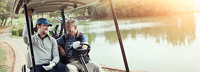 Buy stock photo Men, driving and golf cart for sports, game and recreation with weekend hobby, bonding and fitness. Senior parent, man and happy on course for exercise, practice and fun club competition with banner