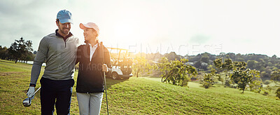 Buy stock photo Golf, happy and couple with hug on field together for leisure, hobby or sports activity. Grass, nature and young man and woman athletes embrace and playing game on course for bonding at country club.