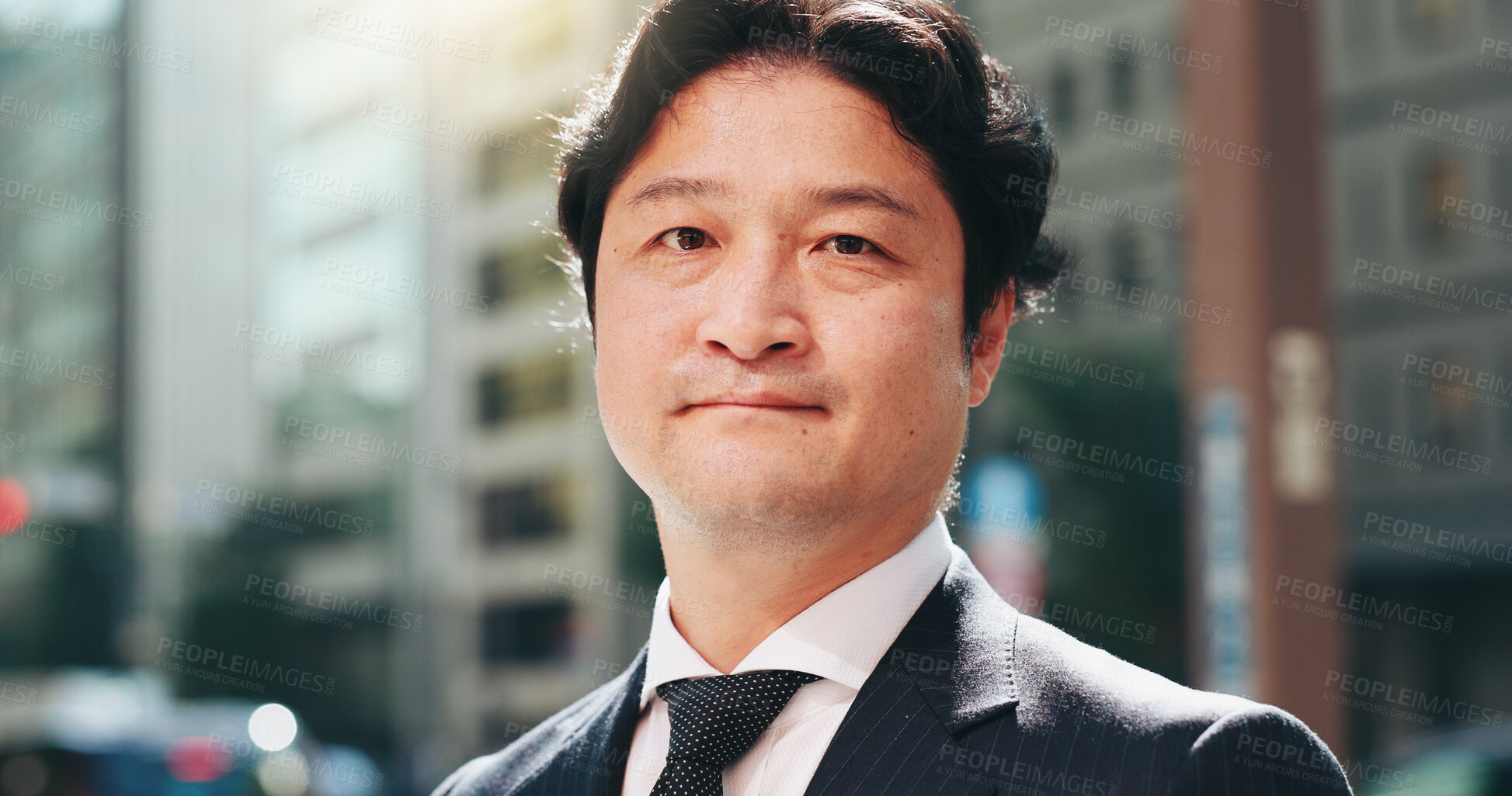 Buy stock photo Businessman, portrait and lawyer in city for travel, morning commute or career pride in Tokyo. Mature attorney, Japanese employee and outdoor with confidence for opportunity, growth and corporate job