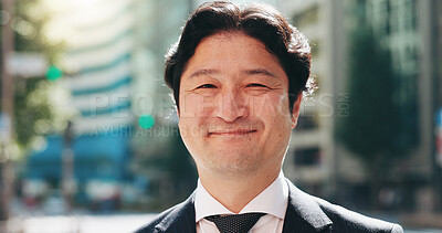 Buy stock photo Businessman, portrait or smile in city for travel, morning commute or career ambition in Tokyo. Mature lawyer, Japanese man or outdoor with happy face for opportunity, growth pride or legal expertise