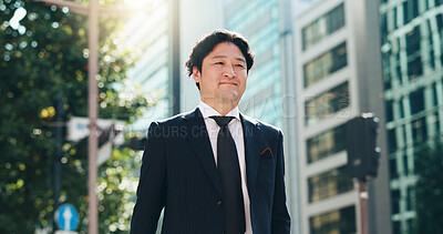 Buy stock photo Man, smile or travel in city for business, morning commute or career pride in Tokyo. Mature professional, Japanese person or walking in town for journey, new opportunity or corporate employee in town