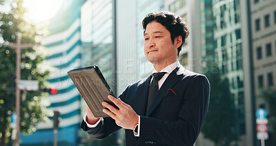 Buy stock photo Man, reading and tablet in city for business, travel and research for urban development in Kyoto. Mature investor, tech and scroll in Japanese town for news, investment opportunity and economy growth