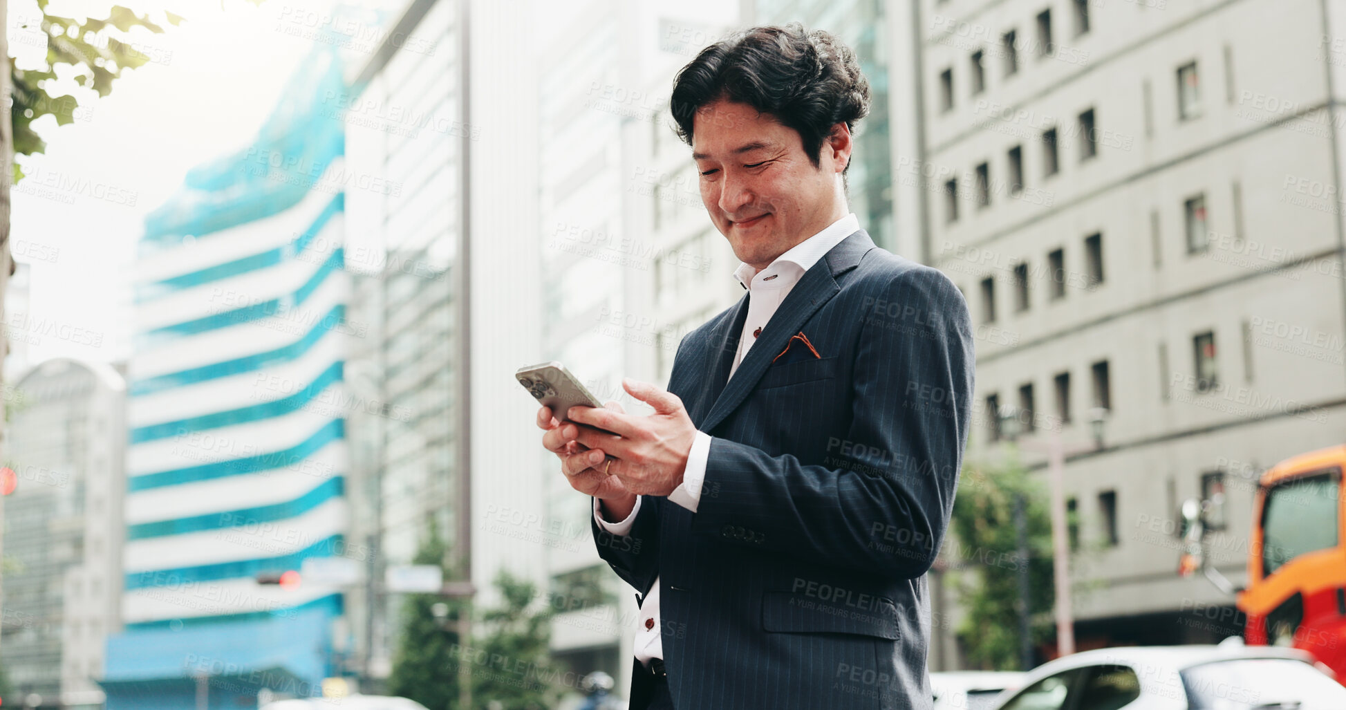Buy stock photo Phone, happy and businessman in city with navigation online for directions to work in morning. Thinking, cellphone and Japanese male lawyer with waiting for lift for commuting in urban town.