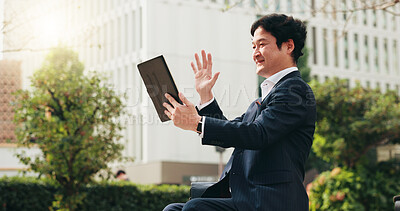 Buy stock photo Asian, businessman or wave with tablet in city for video call, online meeting or virtual conference. Japanese, man or employee with smile or greeting on technology for communication in an urban town 