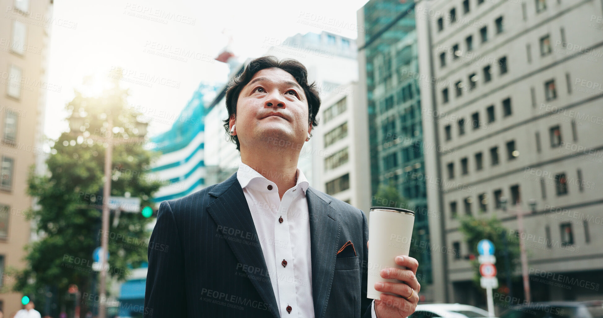 Buy stock photo Japanese, business and man thinking in city with corporate career, morning commute and decision for investment. Male accountant, coffee and travel with inspiration for financial opportunity in Japan 