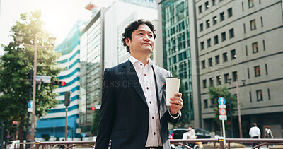 Buy stock photo Japanese, business and man walking in city with corporate career, morning commute and journey for investment. Male accountant, coffee break and travel of adventure for financial opportunity in Japan 