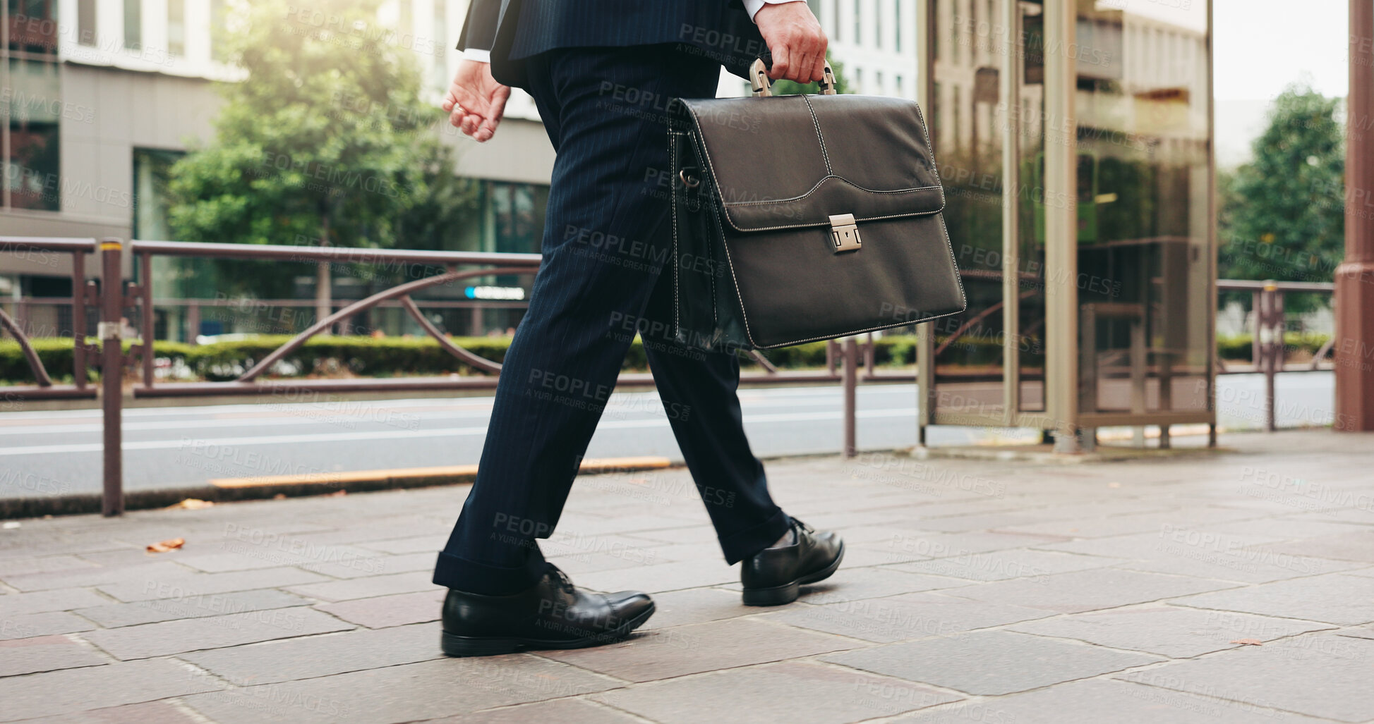Buy stock photo Business man, legs and city with morning commute, lawyer and bag in Tokyo. Professional, walking and shoes on urban Japanese road with attorney, briefcase and travel to work and job on pavement