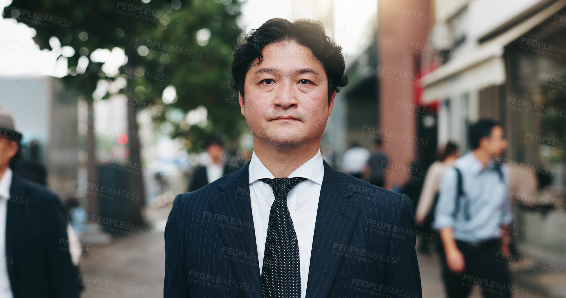 Buy stock photo Japanese man, city street and portrait for pride as attorney in law firm, business or company. Male person, outdoor and confidence as legal professional with morning commute, career and serious face