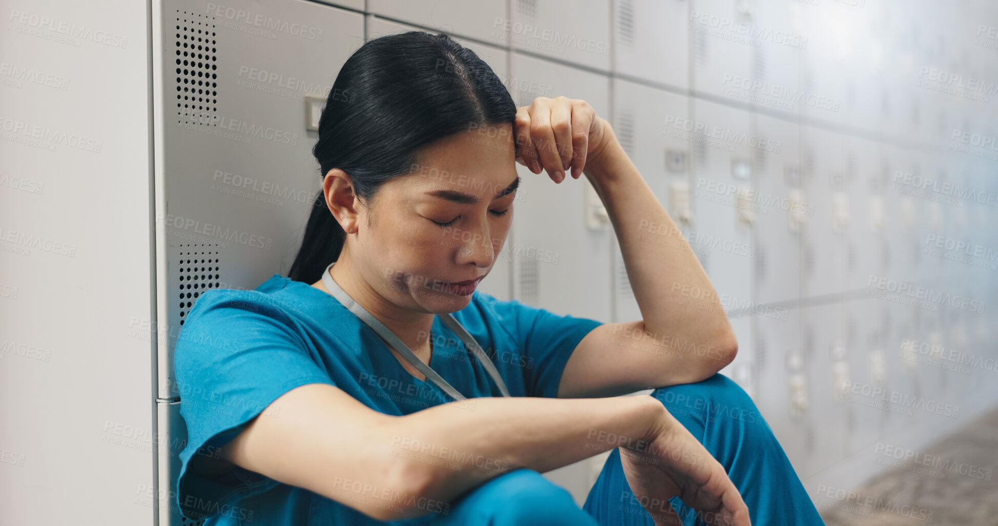 Buy stock photo Tired, woman and surgeon with headache in hospital of healthcare stress, medical mistake and burnout risk. Nurse, depression and anxiety for surgery crisis, bad news and treatment disaster in Japan

