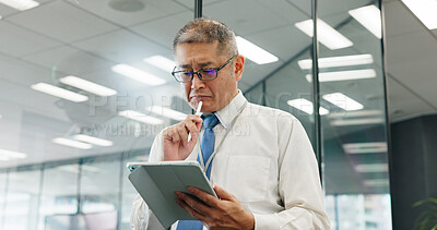 Buy stock photo Tablet, thinking and mature business man reading, research or planning insurance policy online. Japanese person, idea and manager on technology, problem solving or brainstorming for insight in office