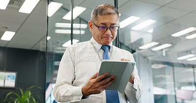 Buy stock photo Tablet, mature and business man reading email, online research or check insurance policy on app. Japanese person, digital technology or manager planning project, risk management or feedback in office