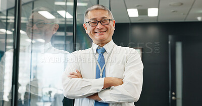 Buy stock photo Business, arms crossed or portrait of mature Asian man at accounting agency for opportunity. Director, confident manager or proud professional consultant in office for debt management advice in Japan