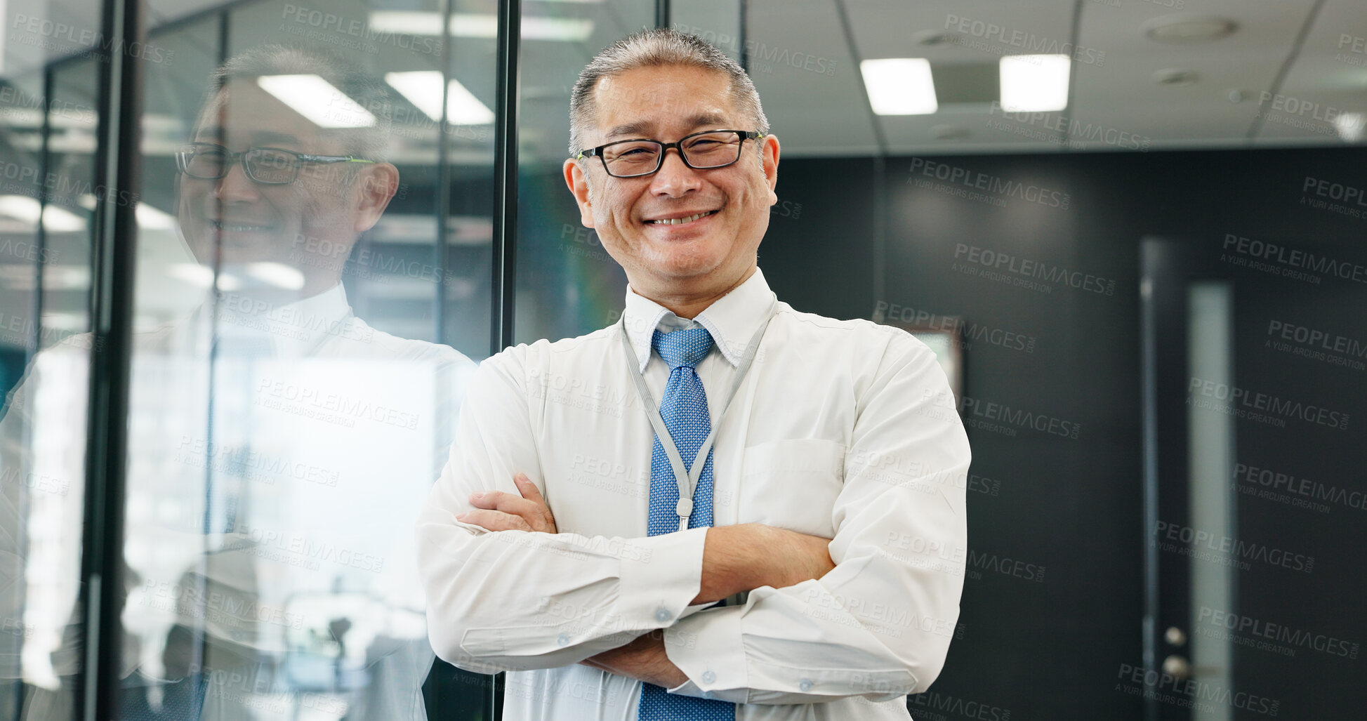 Buy stock photo Business, arms crossed or portrait of mature Asian man at accounting agency for opportunity. Director, confident manager or proud professional consultant in office for debt management advice in Japan