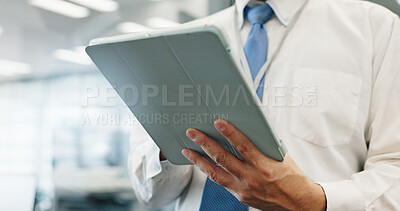 Buy stock photo Tablet, hands and business man online, check email or review insurance policy on app in Japan. Closeup, digital technology and manager planning research project, risk management or feedback in office