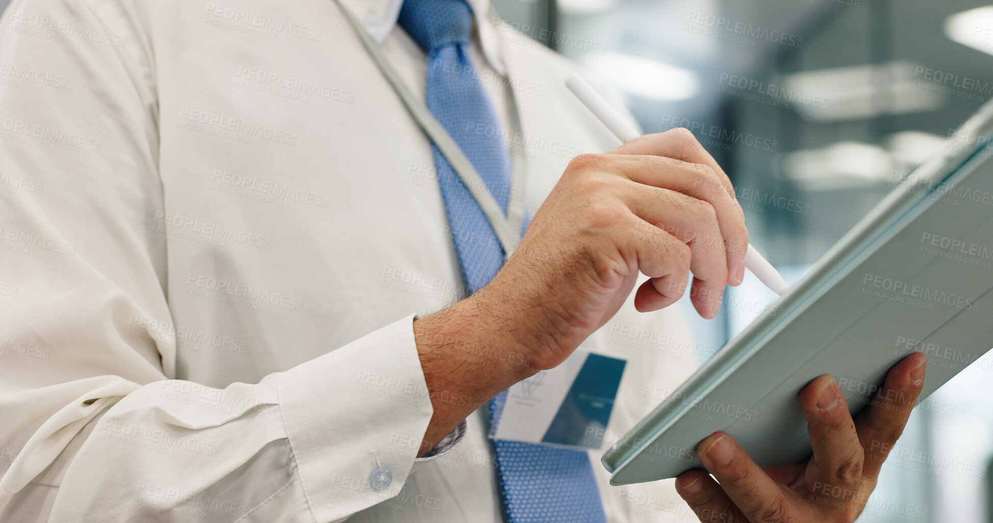 Buy stock photo Tablet, hands and business man with pen for schedule, email or review insurance policy on app in Japan. Closeup, digital technology and worker planning project, risk management or feedback in office