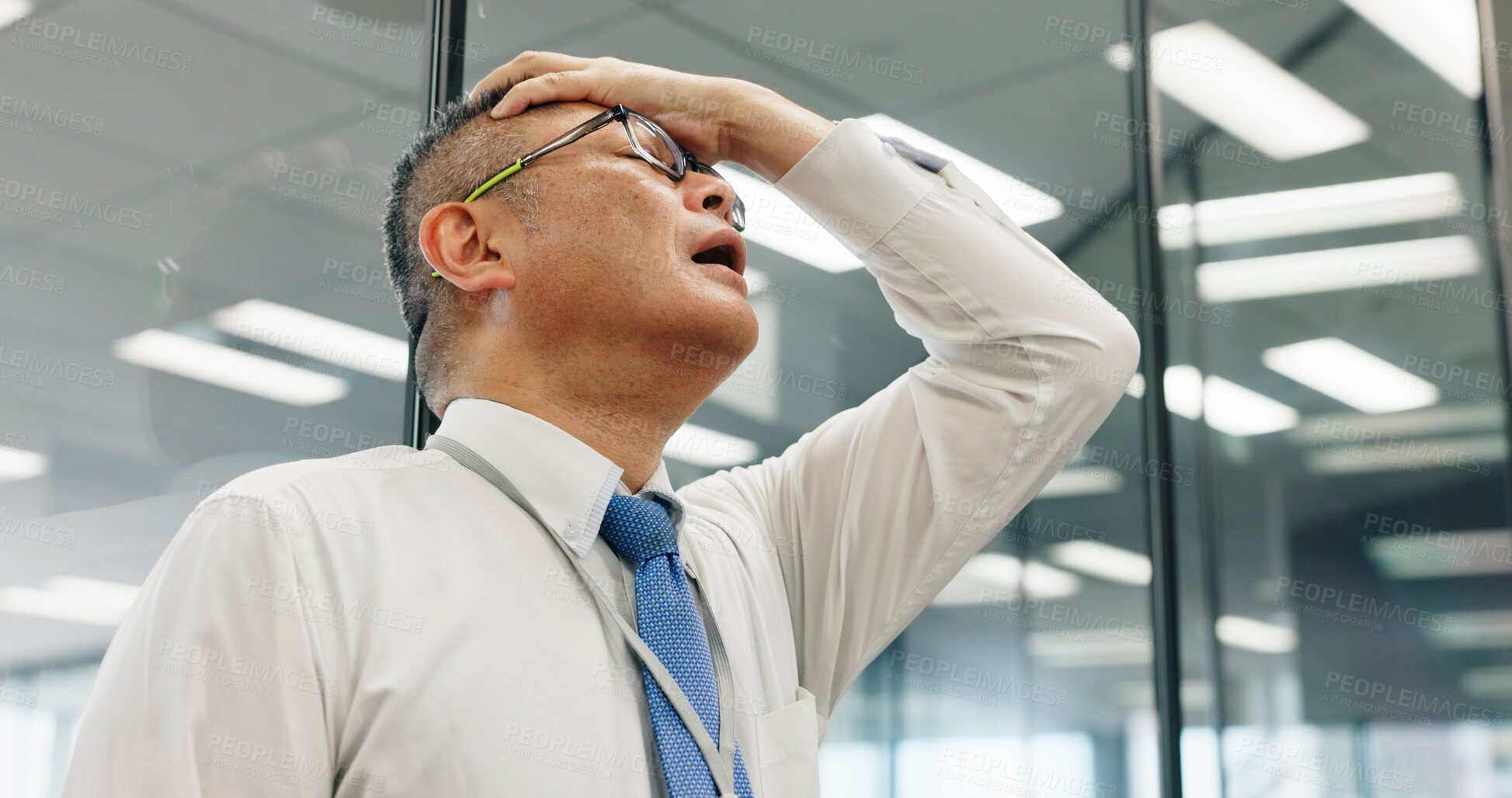 Buy stock photo Business, stress and man in office, burnout or overworked with mistake, fail or accountant. Japan, mature person or financial consultant with crisis, headache or frustrated with deadline or taxes