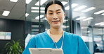 Nurse, clipboard and portrait of Japanese woman with smile, document and medical checklist in hospital. Surgeon, nursing and paperwork for health, wellness and clinic care with professional at job