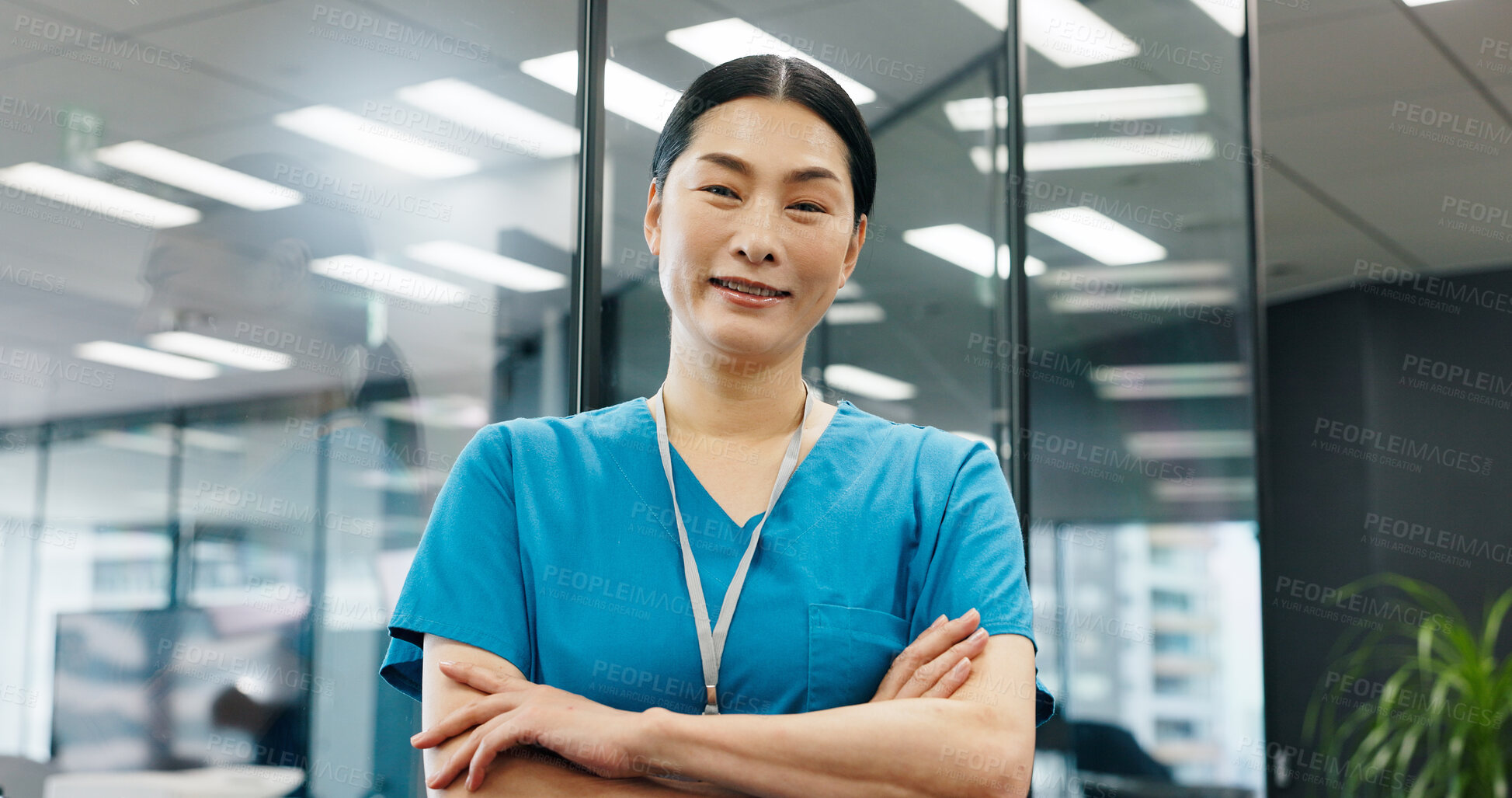 Buy stock photo Portrait, woman and surgeon with confidence in hospital for healthcare services, about us and medical advice. Person, nurse and arms crossed of career ambition, diagnosis and treatment trust in Japan