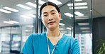 Portrait, woman and nurse with pride in hospital for healthcare services, about us and medical advice. Person, surgeon and confident with career ambition, diagnosis trust and treatment help in Japan