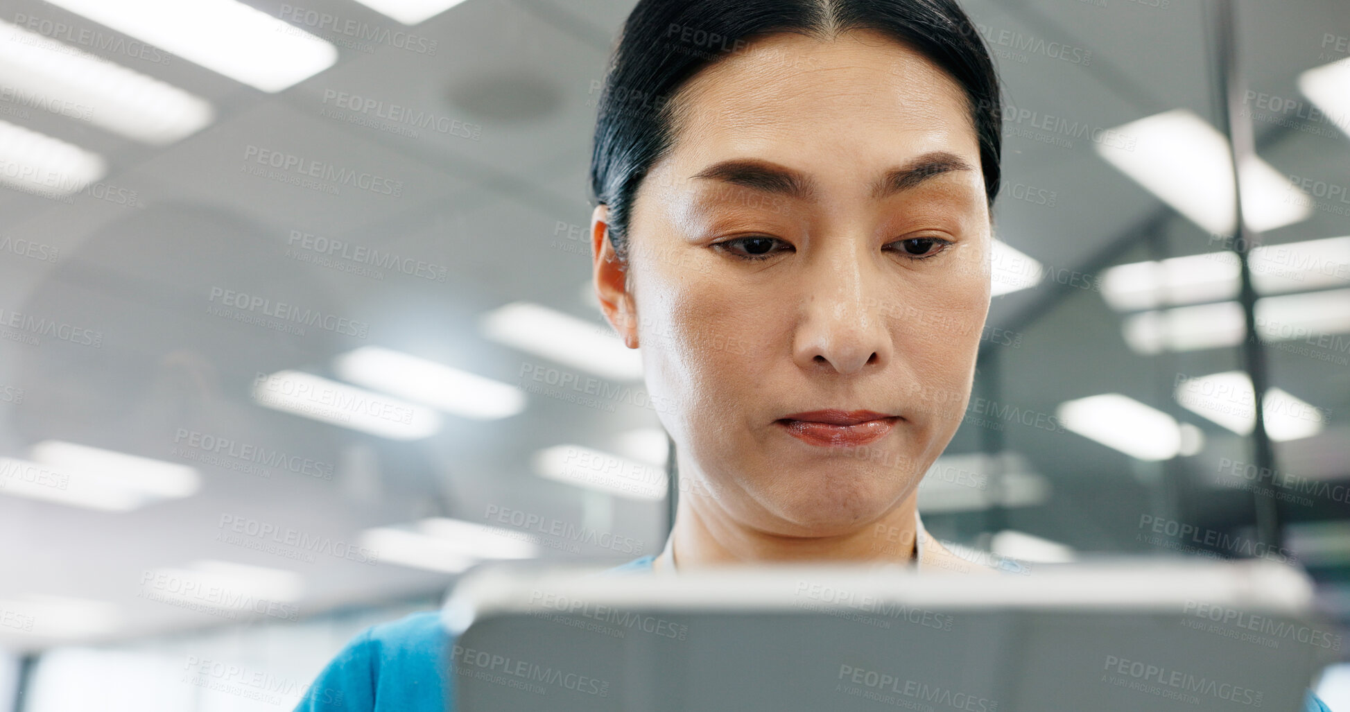 Buy stock photo Nurse, tablet and reading results of Japanese woman with thinking, web document and medical checklist in hospital. Surgeon, nursing and online research for health, wellness and clinic care with staff