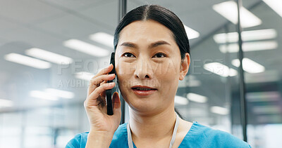 Buy stock photo Woman, surgeon or phone call at hospital for healthcare service support or medical results in office. Mobile, Asian nurse or talking to patient for consultation advice or appointment booking in Japan