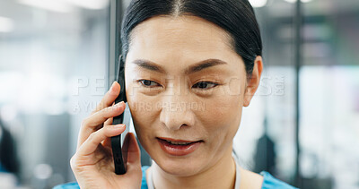 Buy stock photo Asian woman, nurse or phone call at hospital for healthcare service support or medical results in office. Mobile, surgeon or talking to patient for consultation advice or appointment booking in Japan