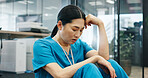 Japanese, woman and nurse with headache in hospital of healthcare stress, medical mistake and burnout risk. Surgeon, depression and anxiety of surgery crisis, bad news and treatment disaster in Japan