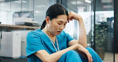 Buy stock photo Japanese, woman and nurse with headache in hospital of healthcare stress, medical mistake and burnout risk. Surgeon, depression and anxiety of surgery crisis, bad news and treatment disaster in Japan