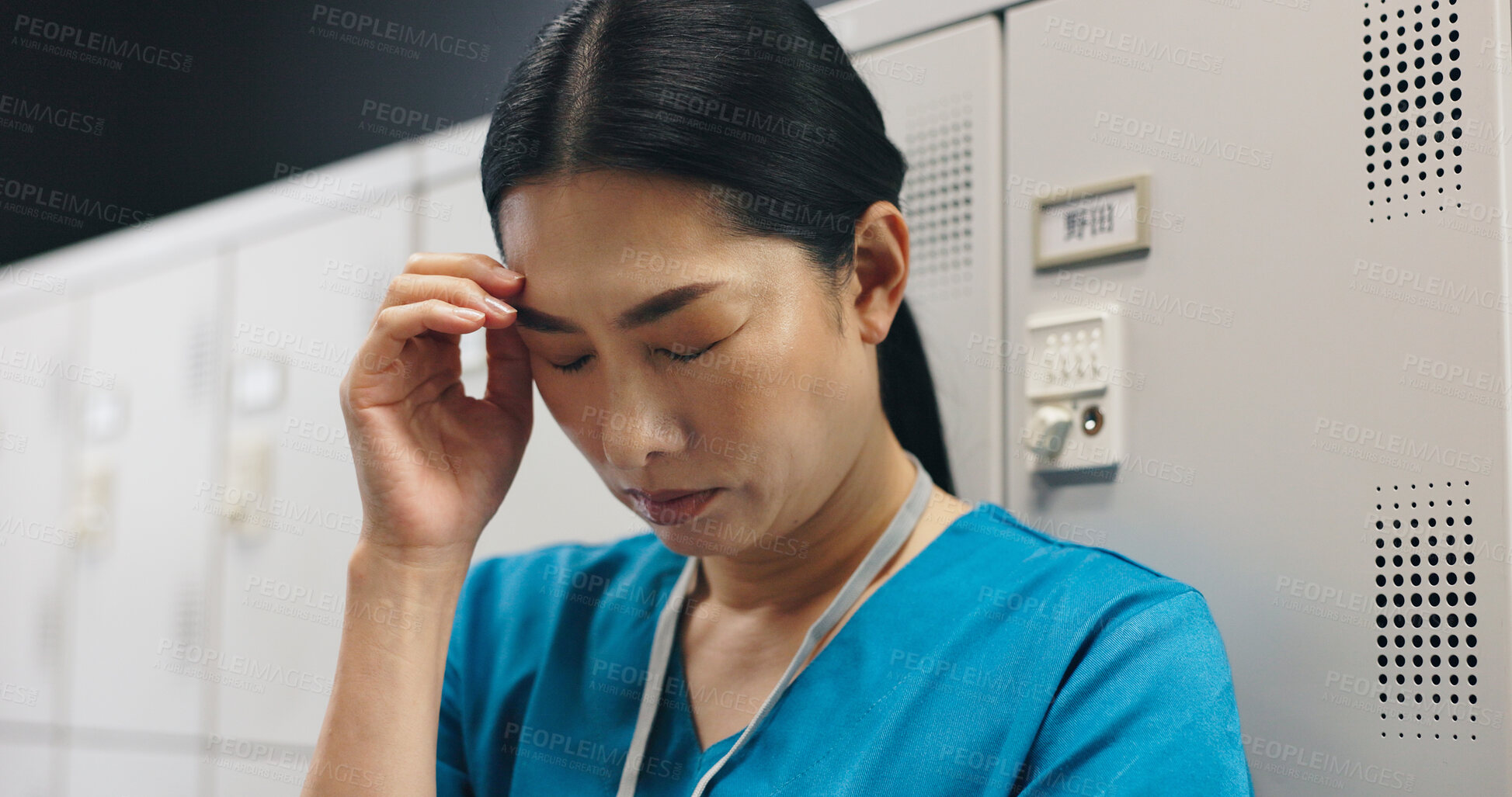 Buy stock photo Japanese, woman and surgeon with headache in hospital of healthcare stress, medical mistake and burnout risk. Nurse, depression and anxiety of surgery crisis, bad news and treatment disaster in Japan