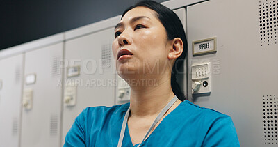 Buy stock photo Japanese, woman and surgeon with stress in hospital of healthcare fatigue, medical mistake and burnout risk. Nurse, depression and anxiety for surgery crisis, bad news and treatment disaster in Japan