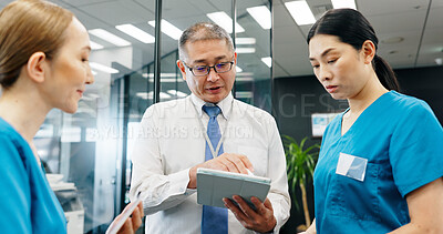 Buy stock photo Doctor, nurses and tablet for healthcare, collaboration or medical feedback with discussion in hospital. Mature man, woman and planning for health report, teamwork or research with advice in Japan