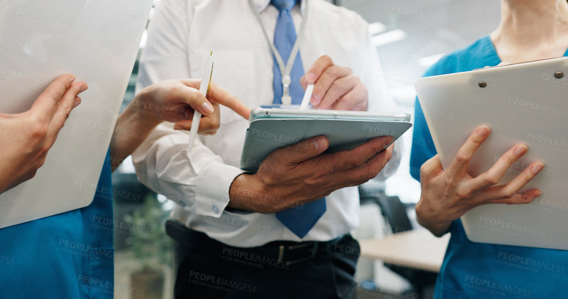 Buy stock photo Doctor, nurses and hands for healthcare, tablet and medical feedback with discussion in hospital. People, brainstorming and planning for health report, collaboration and research with team in Japan