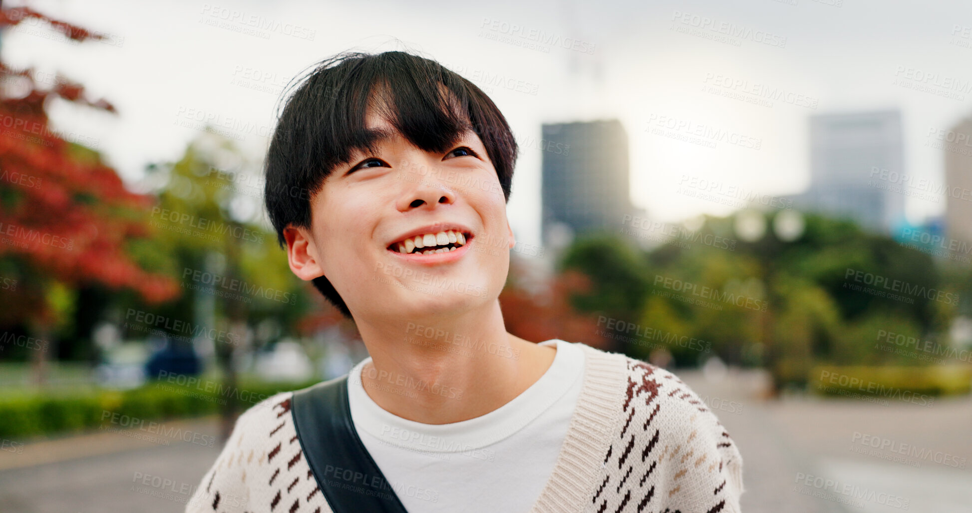 Buy stock photo Japanese, man and thinking for travel outdoor with sightseeing view, morning commute and vacation journey. Smile, person and backpack with holiday adventure, nature scenery and tourism trip in Japan