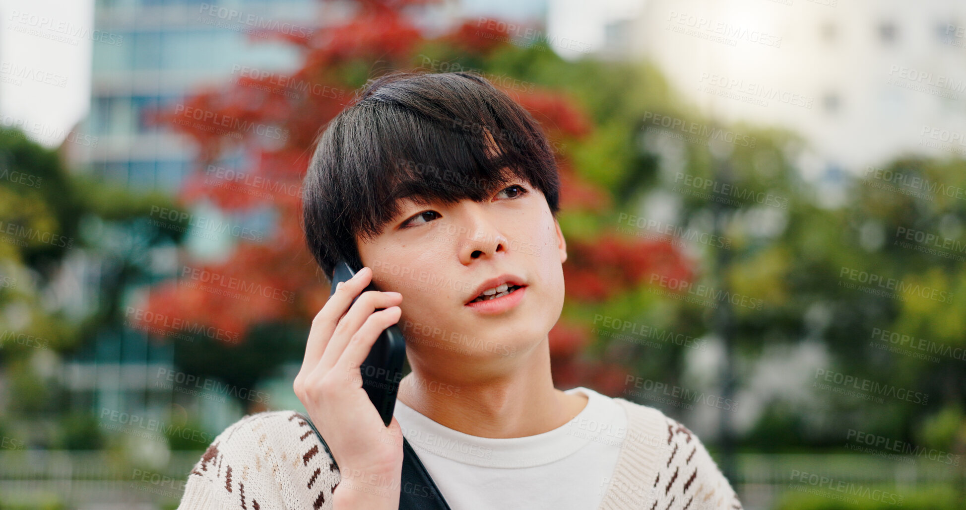 Buy stock photo Japan, phone call and outdoor with man, talking and network for communication. Discussion, person and student with smartphone, mobile user and technology with digital app, conversation and contact