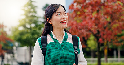 Buy stock photo Japanese, woman and thinking for travel outdoor with sightseeing view, morning commute and vacation journey. Smile, girl and backpack with holiday adventure, nature scenery and tourism trip in Japan