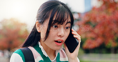 Buy stock photo Japan, phone call and outdoor with woman, surprise and network for communication. Shocked, person and student with smartphone, announcement and tech with digital app, reaction to news and contact