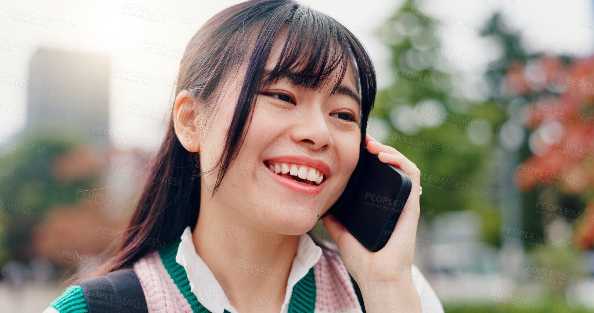 Buy stock photo Japan, phone call and woman in city, smile and network for communication, contact and joy. Happiness, person and student with smartphone, mobile user and tech with digital app, cheerful and good news