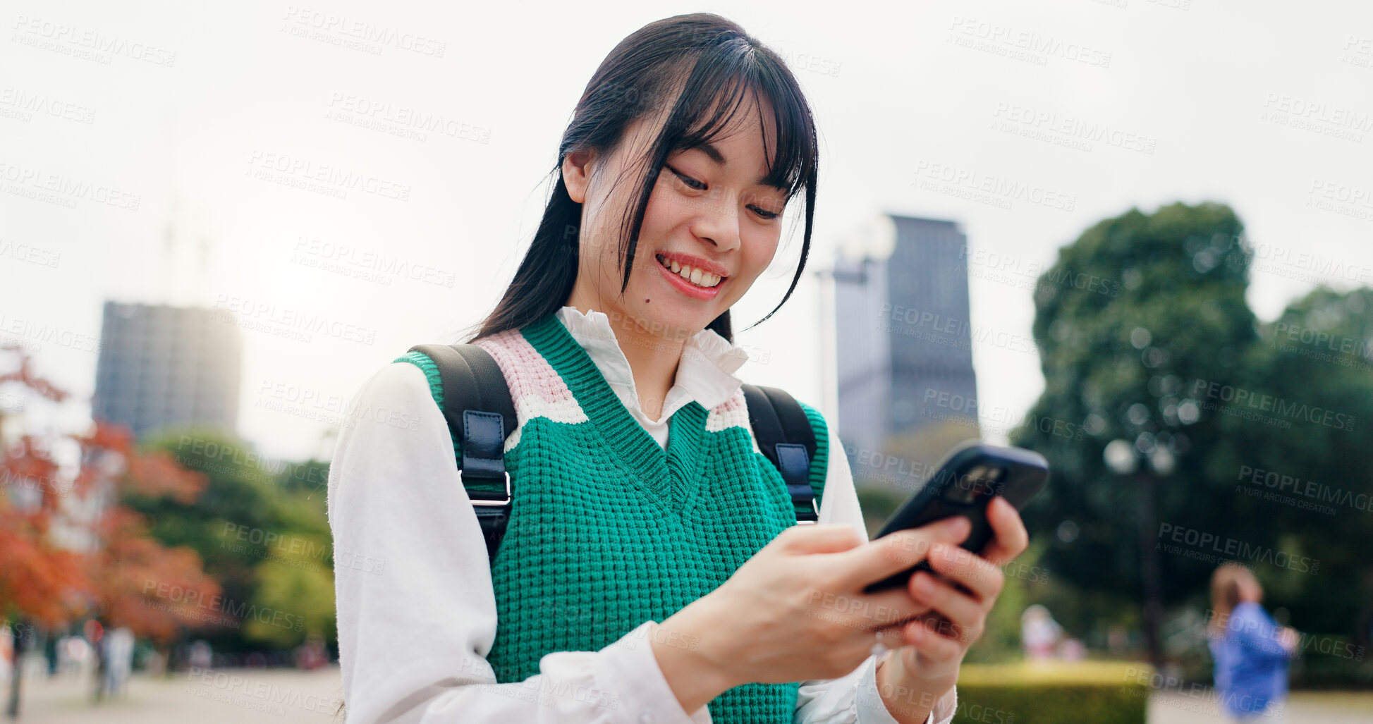 Buy stock photo Cellphone, travel and Japanese woman in city with navigation for university with mobile app. Happy, phone and female student with directions for college campus with international exchange program.