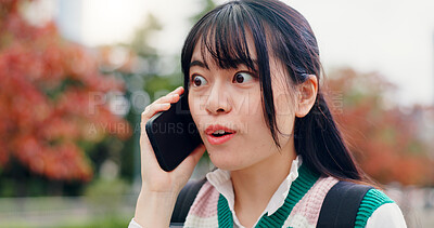Buy stock photo Japan, phone call and outdoor with woman, shocked and communication with announcement. Surprise, person and student with cellphone, facial expression and technology with digital app, wow and contact
