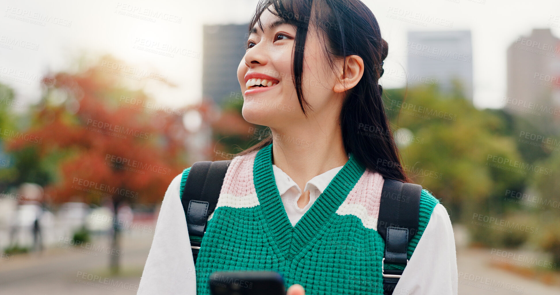 Buy stock photo Phone, travel and Japanese woman in city with navigation for university with mobile app. Happy, cellphone and female student with directions for college campus with international exchange program.