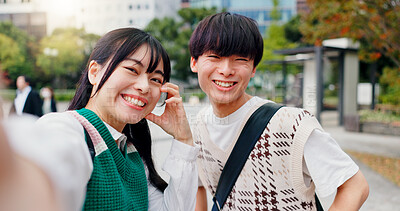 Buy stock photo Selfie, city and japanese couple with hand gesture, portrait and happy from sightseeing and profile picture. Social media, online and people with travel, partner and vacation on holiday with joy