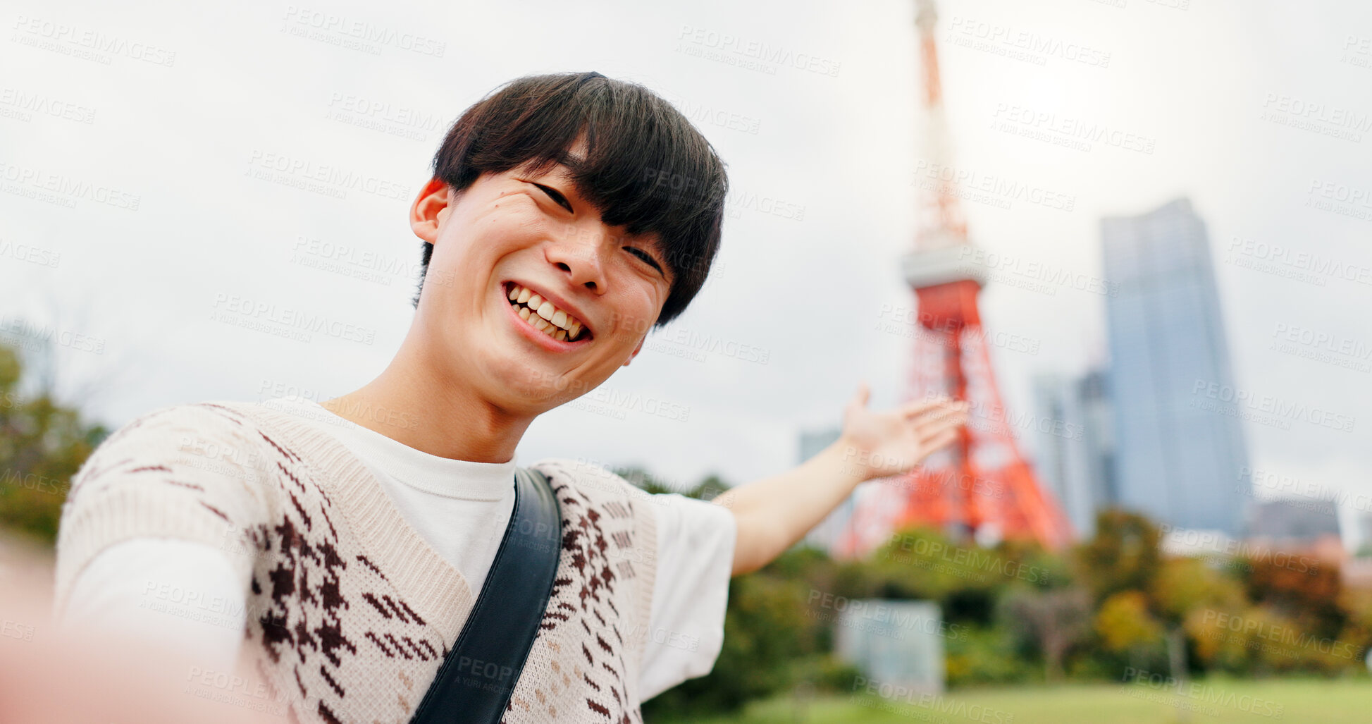 Buy stock photo Travel, portrait and selfie of man, city and photography for content creation, tourism and Tokyo Tower. Outdoor, influencer and Japanese person on vacation, picture and tourist on trip in Japan
